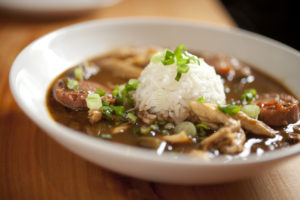 Close up of delicious, hearty chicken gumbo.