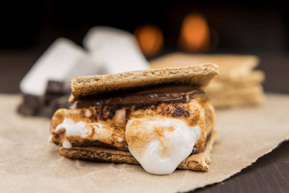 Assembled Smore on Brown Paper in front of fire